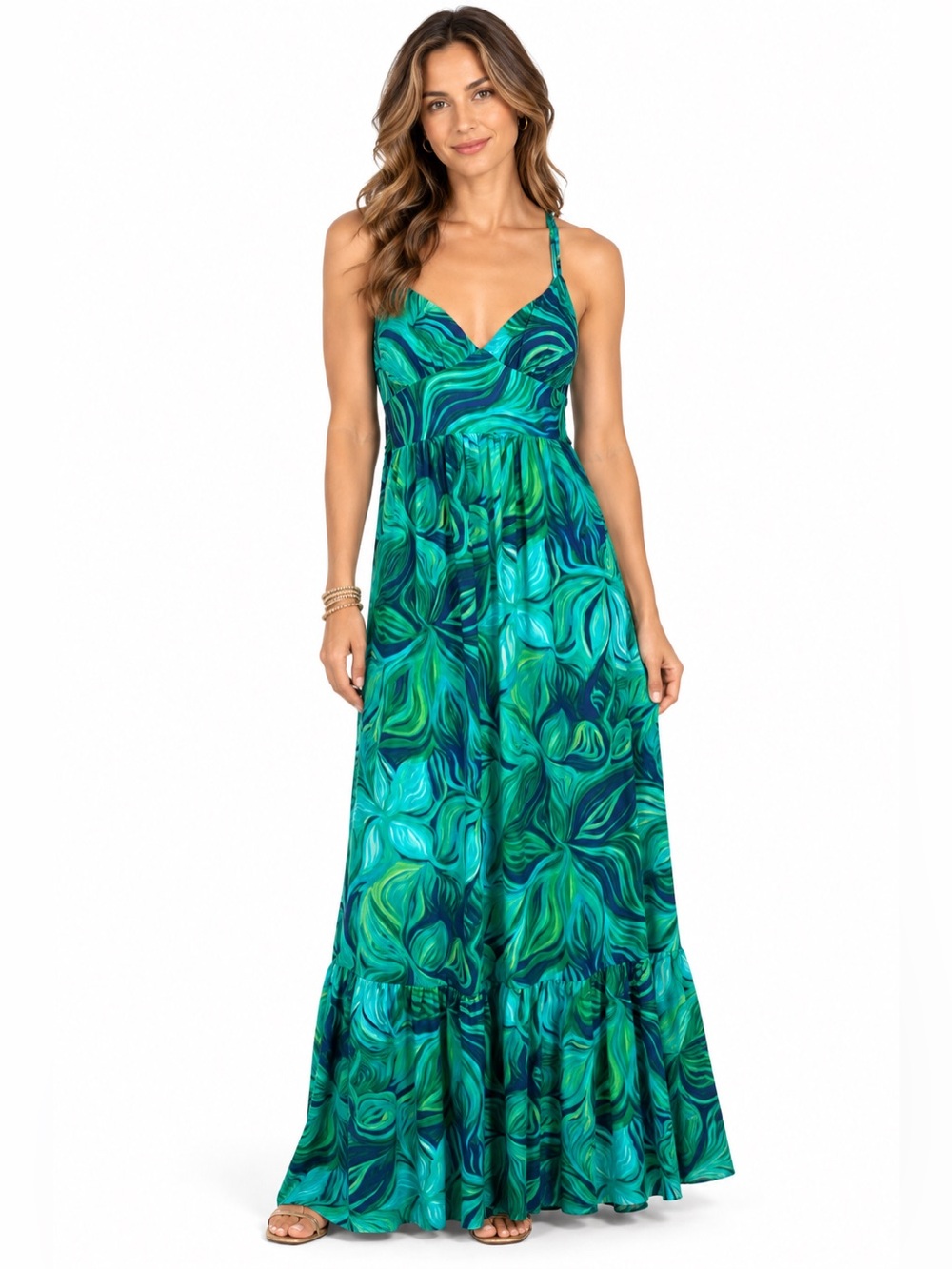 BISOU BISOU Green Navy Blue Tropical Swirl Print Empire Waist Maxi Dress Size 16